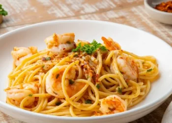 Macarrão com vieiras e camarões