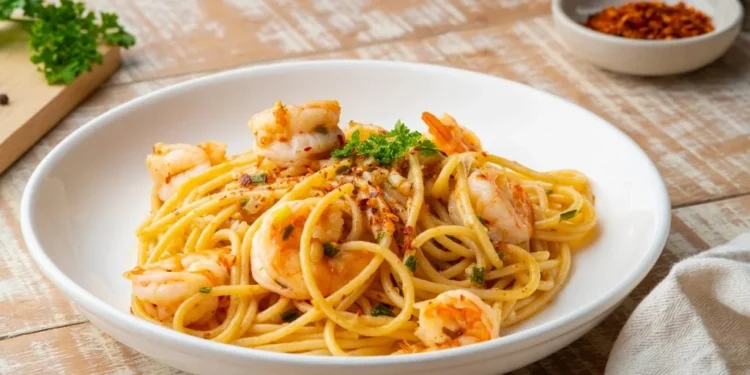 Macarrão com vieiras e camarões