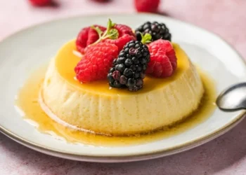 Salada de frutas com pudim de baunilha